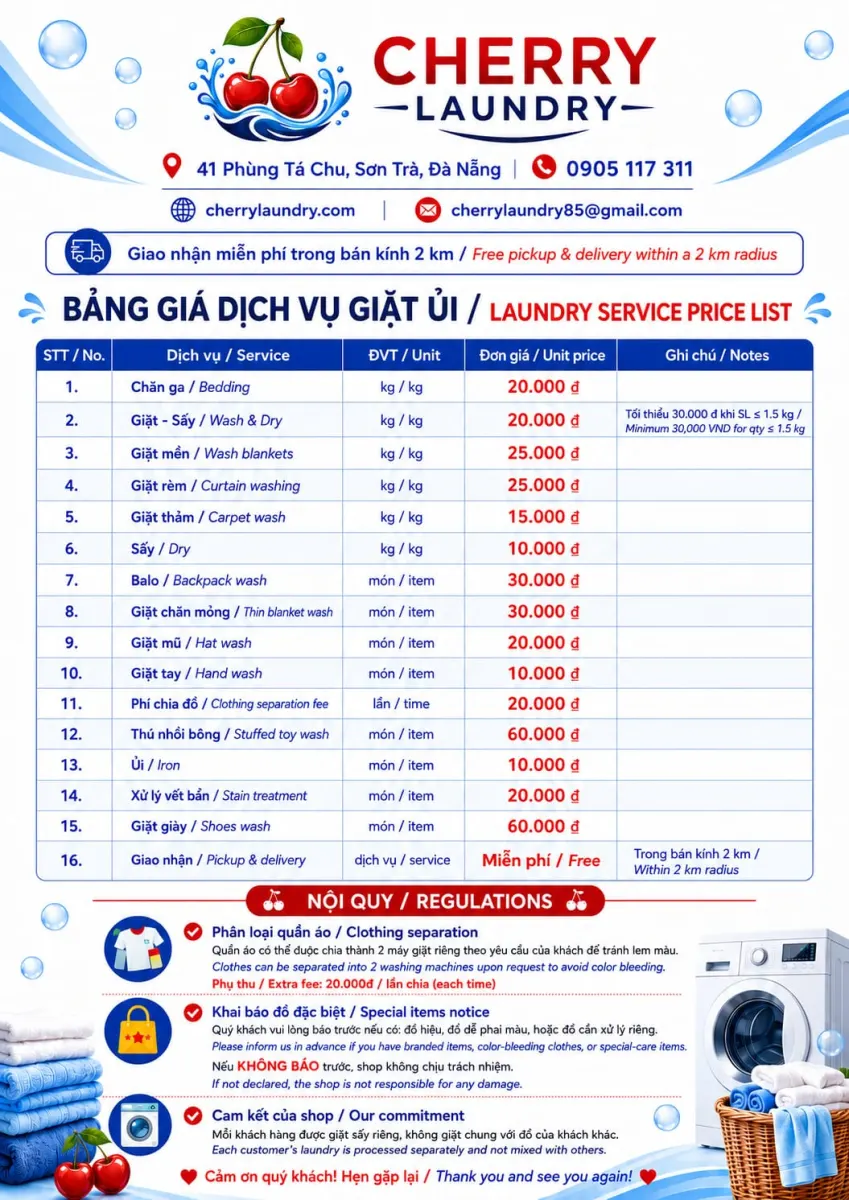 Bảng giá giặt sấy theo kg ở Sơn Trà và cách tính